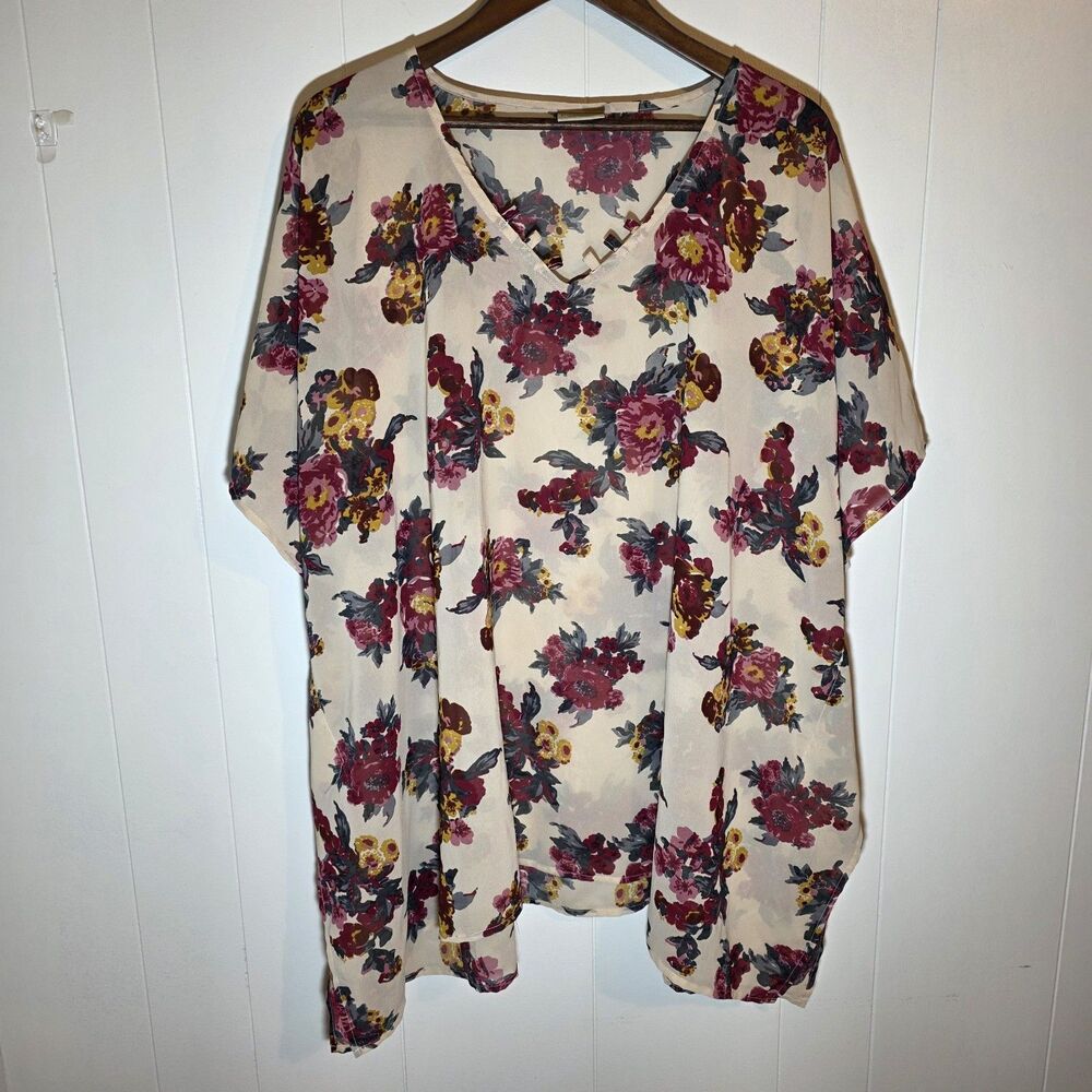 Size XL-XXL Sheer Floral V-Neck Square Cut Blouse
